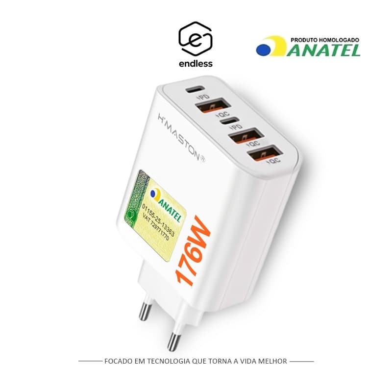 5 Em 1 Fonte De Energia Carregador Turbo USB-A+USB-C Carregamento rápido 176W